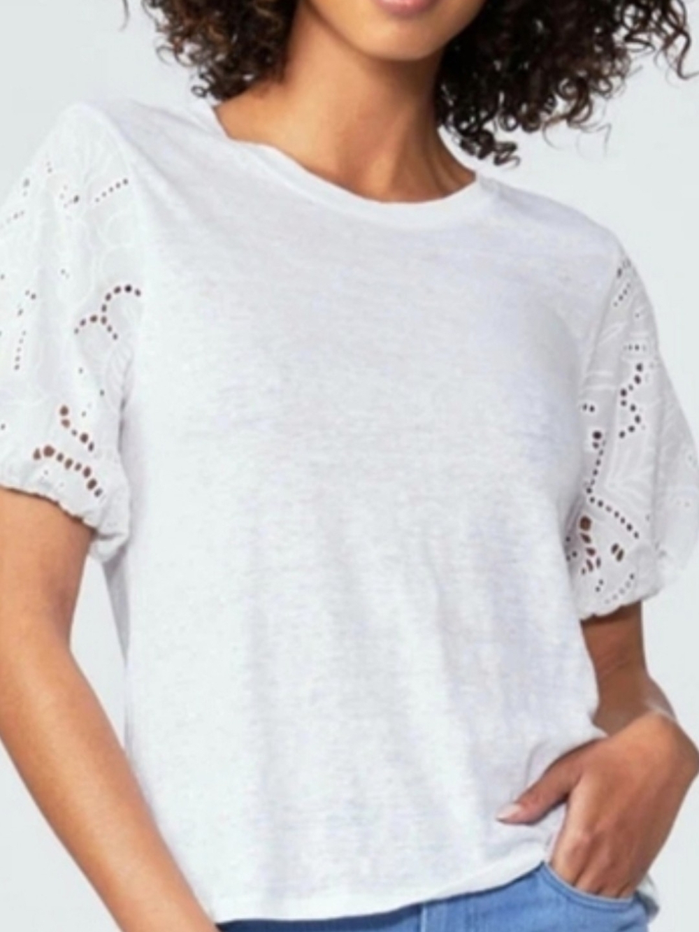 PAIGE White Linen Eyelet Puff Sleeve Top Size Small